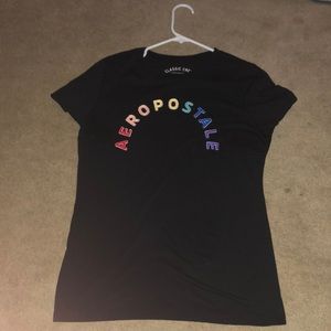 Aeropostale black tee shirt with rainbow letter on it